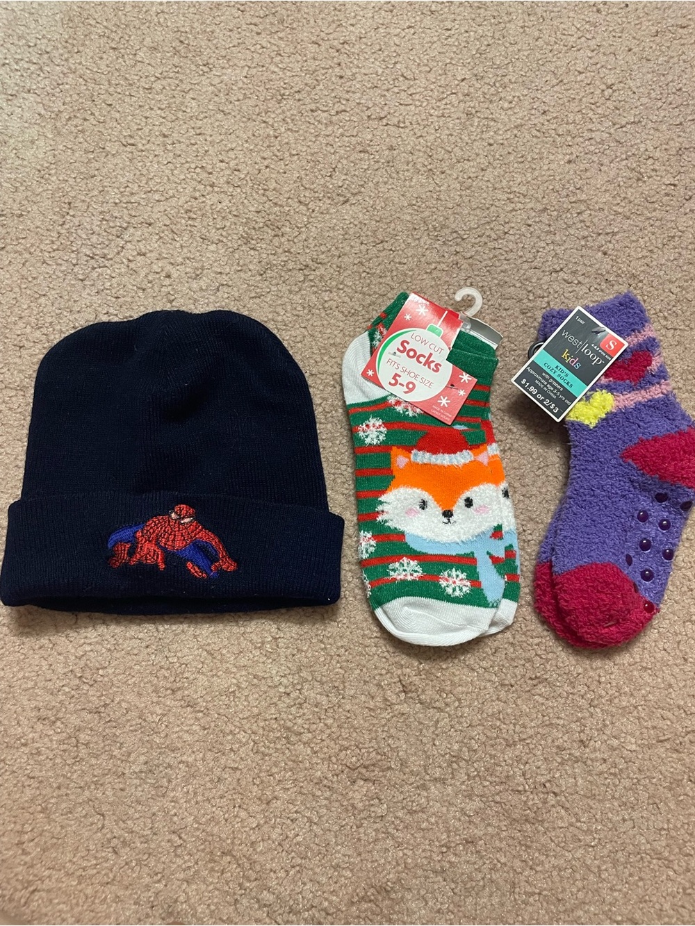west loop Navy Beanie with Red/Blue Spider Embroidery + Kids Novelty Socks Set